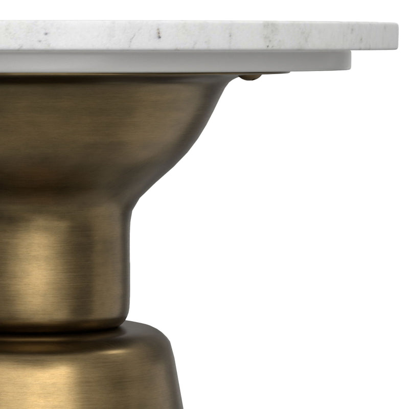 Leyla side table by Simpli-Home in antique brass finish, featuring a sleek round design with a smooth surface.