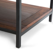 Dark cognac brown Skyler coffee table by Simpli-Home with a sleek, modern design and smooth wooden finish.
