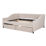 DreamHaus upholstered storage daybed with wood slat support and two drawers, showcasing its plush fabric and functional design.