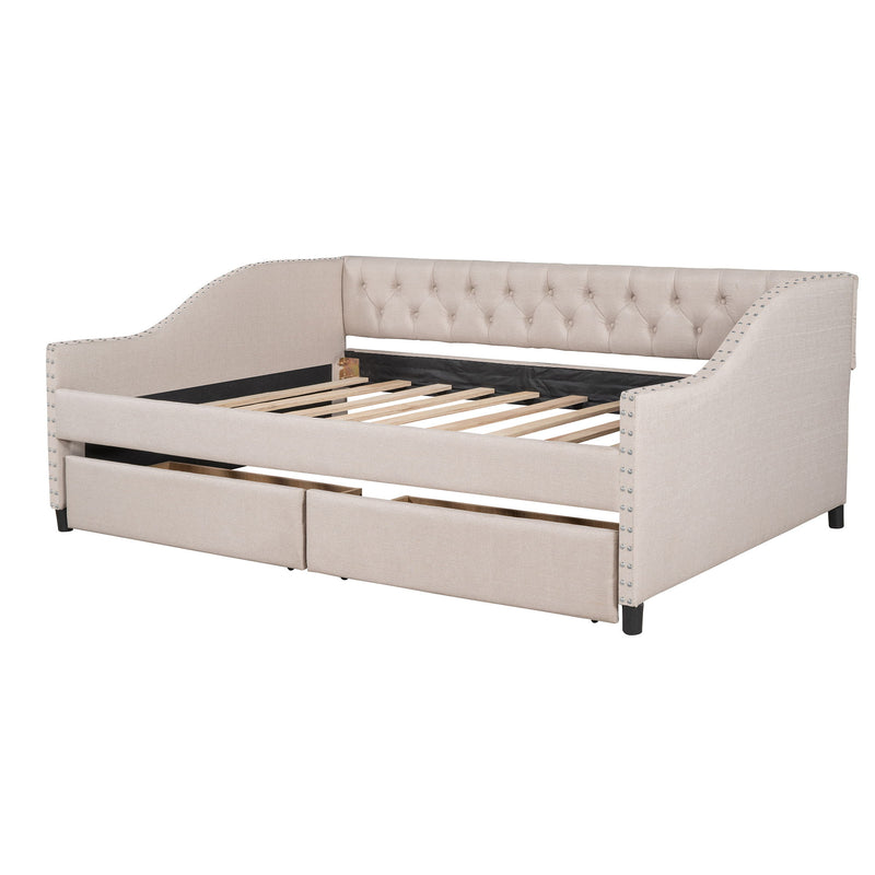 DreamHaus upholstered storage daybed with wood slat support and two drawers, showcasing its plush fabric and functional design.