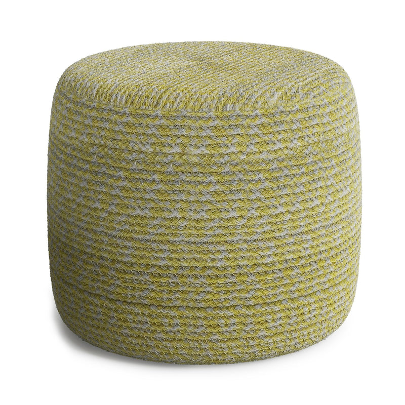 Simpli-Home Bayley round braided accent pouf in neutral tones, versatile and stylish for living room or bedroom decor.
