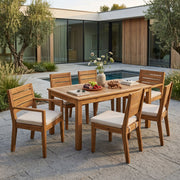 Noble House outdoor 6-seater expandable dining set with cushions, natural sandblasted finish, and beige cushions for patio dining.
