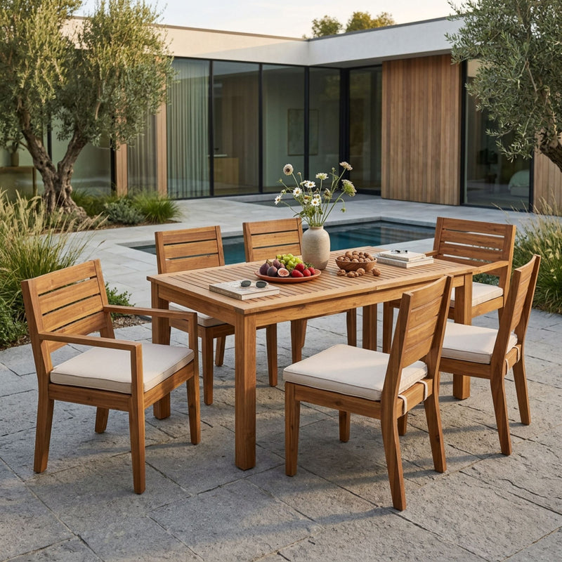 Noble House outdoor 6-seater expandable dining set with cushions, natural sandblasted finish, and beige cushions for patio dining.