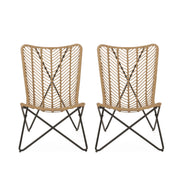Set of two light brown wicker chairs with geometric cross metal bases, perfect for stylish indoor or outdoor seating.