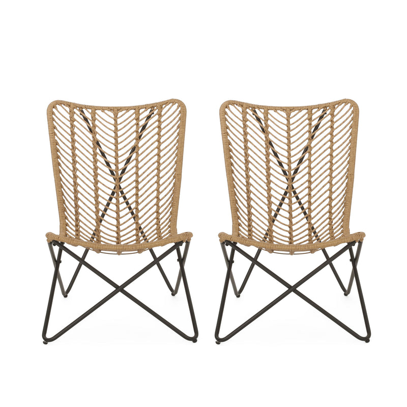 Set of two light brown wicker chairs with geometric cross metal bases, perfect for stylish indoor or outdoor seating.