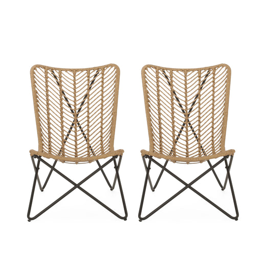 Set of two light brown wicker chairs with geometric cross metal bases, perfect for stylish indoor or outdoor seating.