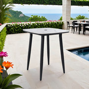 Outdoor bar table by Life Outside with rounded square sintered stone top, umbrella hole, rust-free frame, weatherproof in black and white.