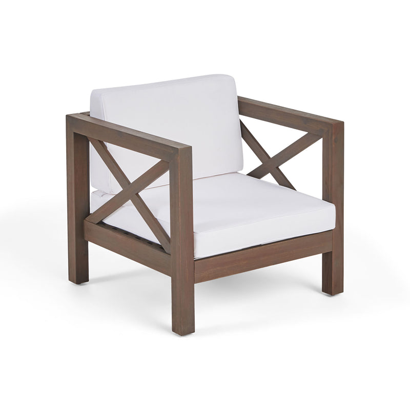 Noble House Brava mid-century modern arm chair with water-resistant cushions, featuring sleek design and plush seating.