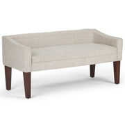 Contemporary upholstered bench by Simpli-Home featuring a cushioned seat and wooden legs, ideal for living room or entryway decor.