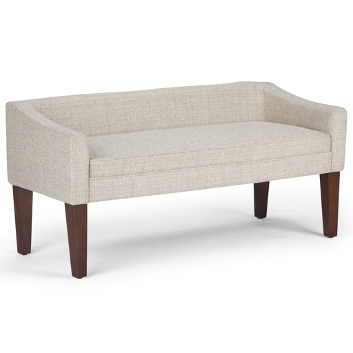 Contemporary upholstered bench by Simpli-Home featuring a cushioned seat and wooden legs, ideal for living room or entryway decor.