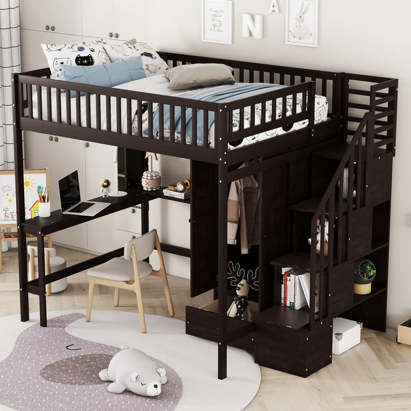 DreamHaus loft bed with integrated bookshelf, drawers, desk, and wardrobe, showcasing a multi-functional bedroom furniture setup