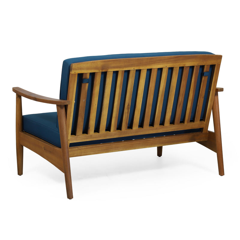 Outdoor Noble House acacia wood loveseat set with coffee table, featuring two-piece outdoor furniture for patio or garden.