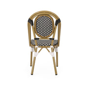 Outdoor rattan and aluminum French bistro chair set by Noble House, featuring woven rattan seats and sleek metal frames.