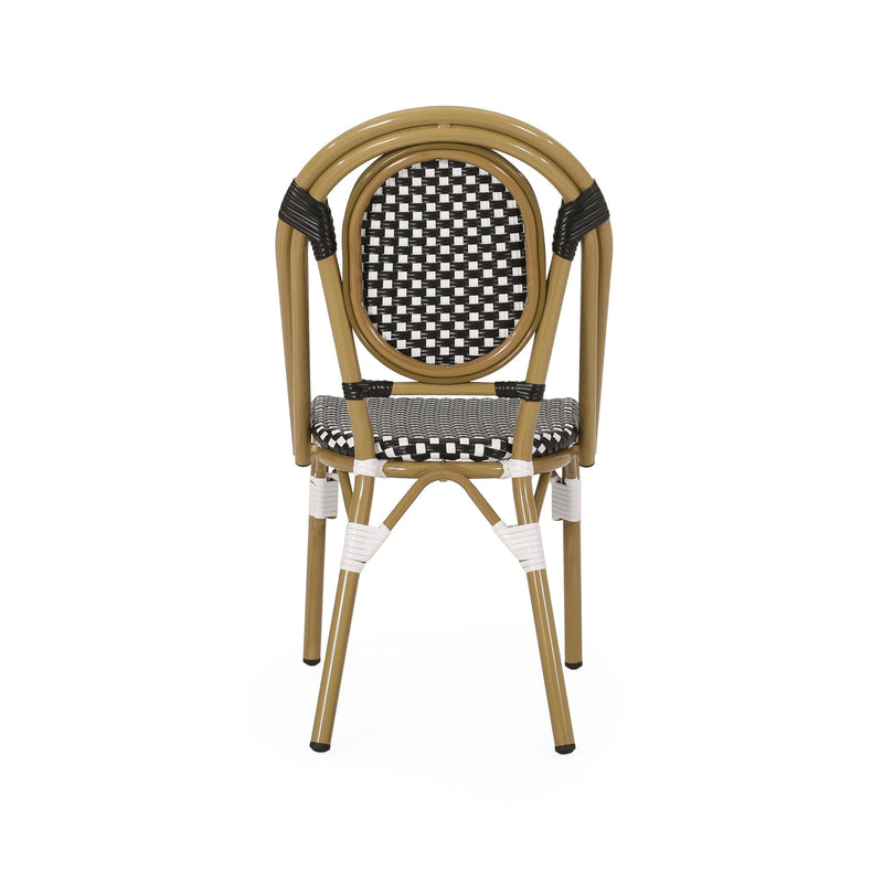 Outdoor rattan and aluminum French bistro chair set by Noble House, featuring woven rattan seats and sleek metal frames.