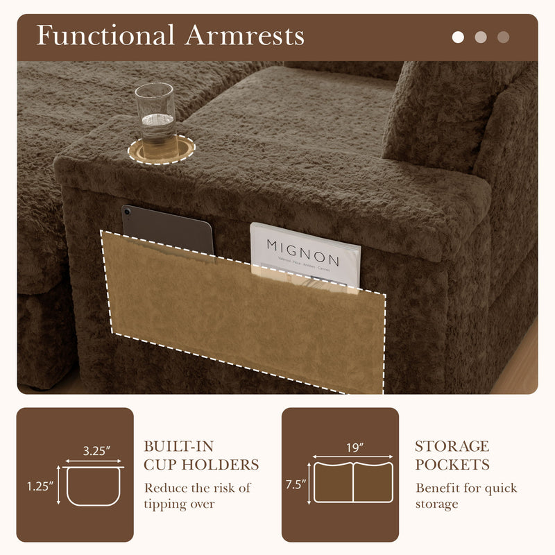 Oversized Chaise Lounge Indoor Rabbit Fur Sofa Bed With Storage Ottoman And Armrests Cup Holders With Deep Seat - R&R Furniture Gallery (Fountain Valley, CA)