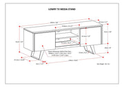 Rustic natural aged brown Lowry TV media stand by Simpli-Home with open shelves and storage cabinets, ideal for modern living rooms