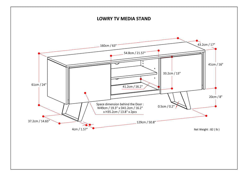 Rustic natural aged brown Lowry TV media stand by Simpli-Home with open shelves and storage cabinets, ideal for modern living rooms