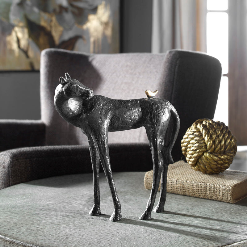Black horse sculpture by Uttermost, part of the Hello Friend collection, with detailed craftsmanship and smooth finish.