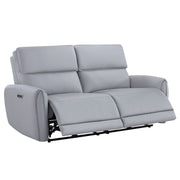 Gray ACME Jeromie power motion reclining sofa with USB port, synthetic leather upholstery and plush cushioning.