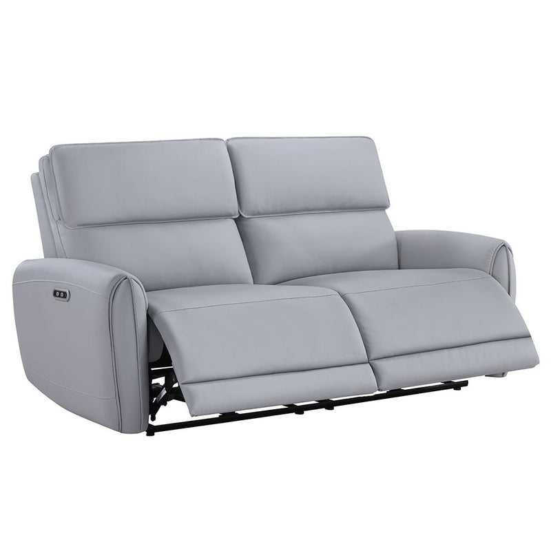 Gray ACME Jeromie power motion reclining sofa with USB port, synthetic leather upholstery and plush cushioning.