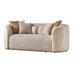Michael Amini Gineverra loveseat in biscotti and ivory gold with elegant upholstery and ornate wooden legs.