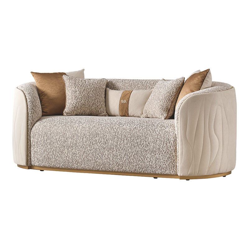 Michael Amini Gineverra loveseat in biscotti and ivory gold with elegant upholstery and ornate wooden legs.