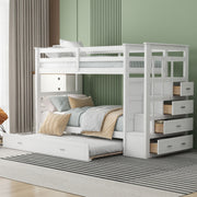 White DreamHaus twin over twin bunk bed with trundle and staircase, showcasing the sturdy frame and convenient sleeping options.