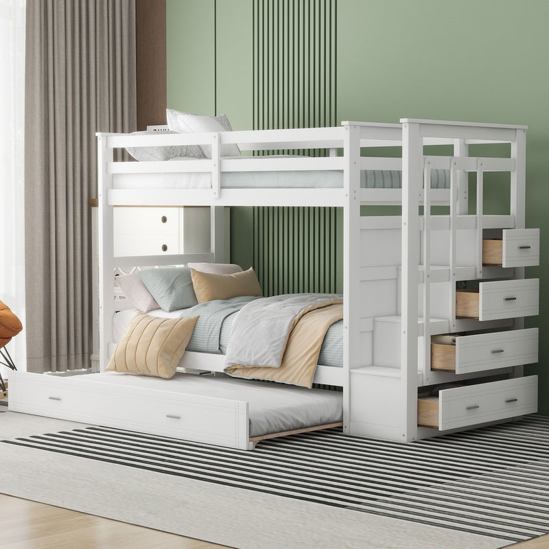 White DreamHaus twin over twin bunk bed with trundle and staircase, showcasing the sturdy frame and convenient sleeping options.