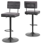 Set of two Signature Design by Ashley® Strumford tall swivel barstools with wooden seats and metal legs, showcasing a modern bar seating style.