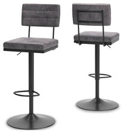 Set of two Signature Design by Ashley® Strumford tall swivel barstools with wooden seats and metal legs, showcasing a modern bar seating style.