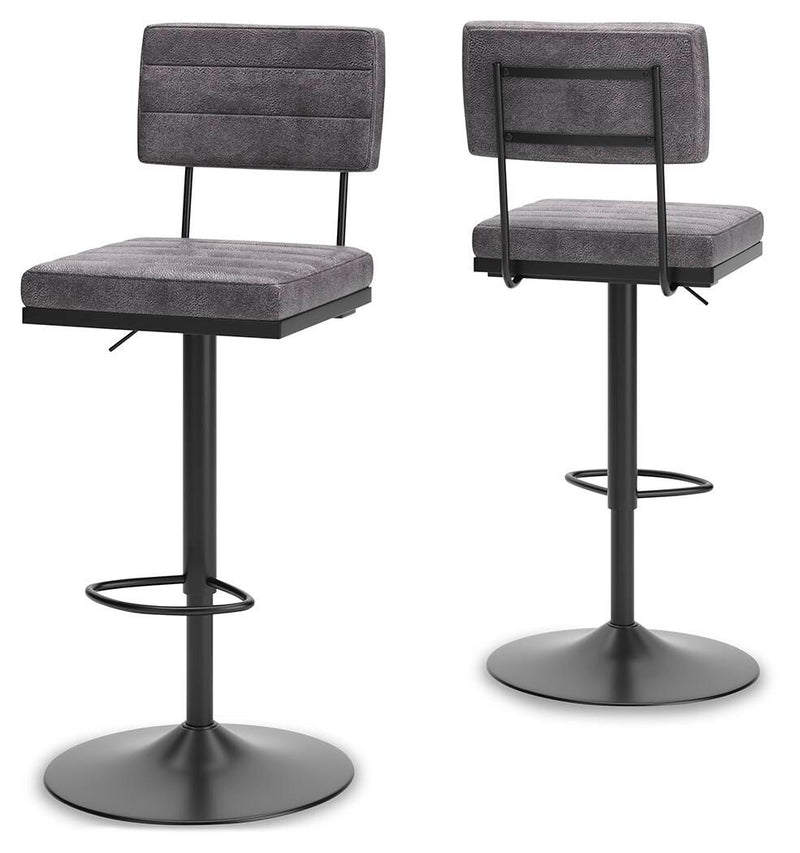 Set of two Signature Design by Ashley® Strumford tall swivel barstools with wooden seats and metal legs, showcasing a modern bar seating style.