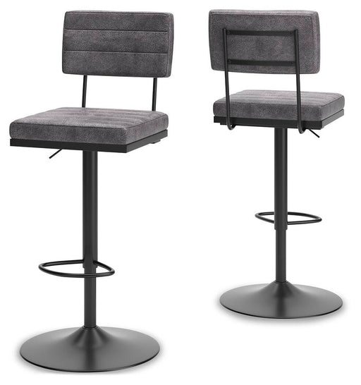 Set of two Signature Design by Ashley® Strumford tall swivel barstools with wooden seats and metal legs, showcasing a modern bar seating style.
