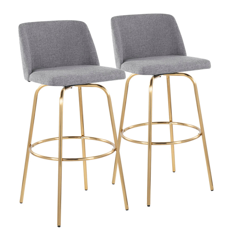 Set of two Lumi Source Toriano contemporary fixed height barstools with swivel seats and round footrests, featuring modern design.