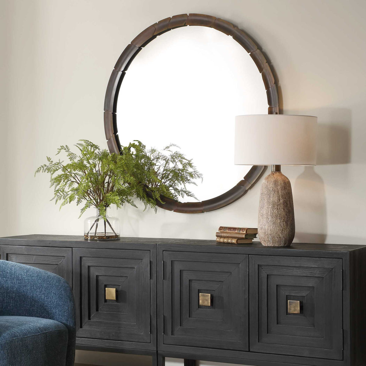 Auger - Amber Glass Round Mirror - Bronze