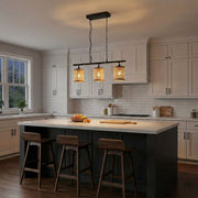 Elysian - 3 Lights Island With Natural Shade Farmhouse Chain Ceiling Lamp - Black / Rattan - R&R Furniture Gallery (Fountain Valley, CA)