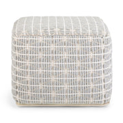 Simpli-Home Noreen upholstered square pouf in neutral fabric, versatile accent pouf for living room or seating area.