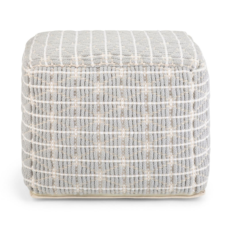 Simpli-Home Noreen upholstered square pouf in neutral fabric, versatile accent pouf for living room or seating area.