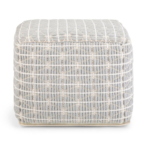 Simpli-Home Noreen upholstered square pouf in neutral fabric, versatile accent pouf for living room or seating area.