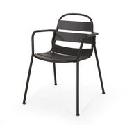 Noble House Terra Nova matte black 3-piece outdoor bistro set with round table and two chairs featuring slatted metal design.