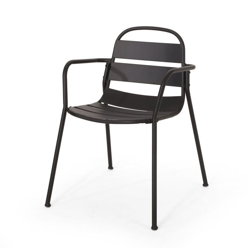 Noble House Terra Nova matte black 3-piece outdoor bistro set with round table and two chairs featuring slatted metal design.