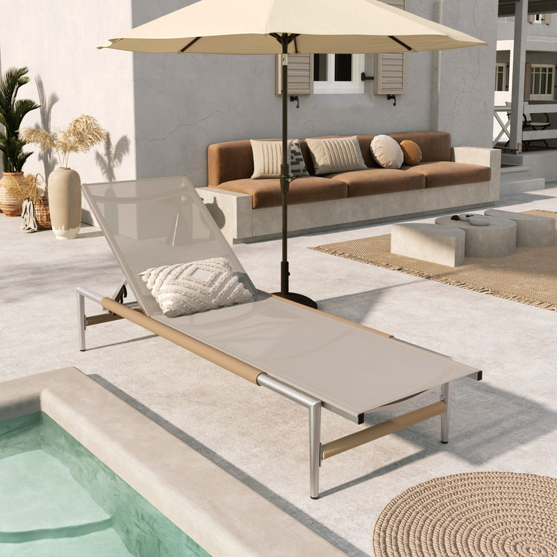 Hargrove - Outdoor Patio Aluminun Chaise Lounge, Outdoor Mesh Seat - Natural / Silver - R&R Furniture Gallery (Fountain Valley, CA)