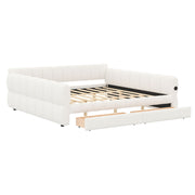 Dreamland upholstered platform bed with USB charging ports and two storage drawers, showcasing a modern fabric design.