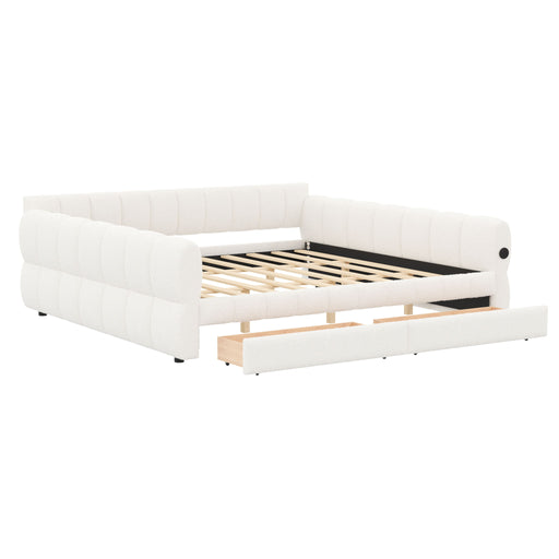 Dreamland upholstered platform bed with USB charging ports and two storage drawers, showcasing a modern fabric design.
