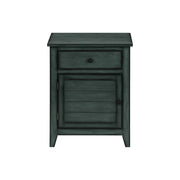 Blue 8th Street accent table with storage drawer, featuring a sleek design and sturdy wooden legs.