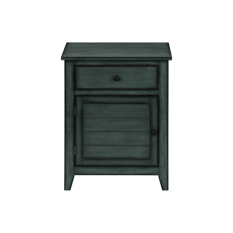 Blue 8th Street accent table with storage drawer, featuring a sleek design and sturdy wooden legs.