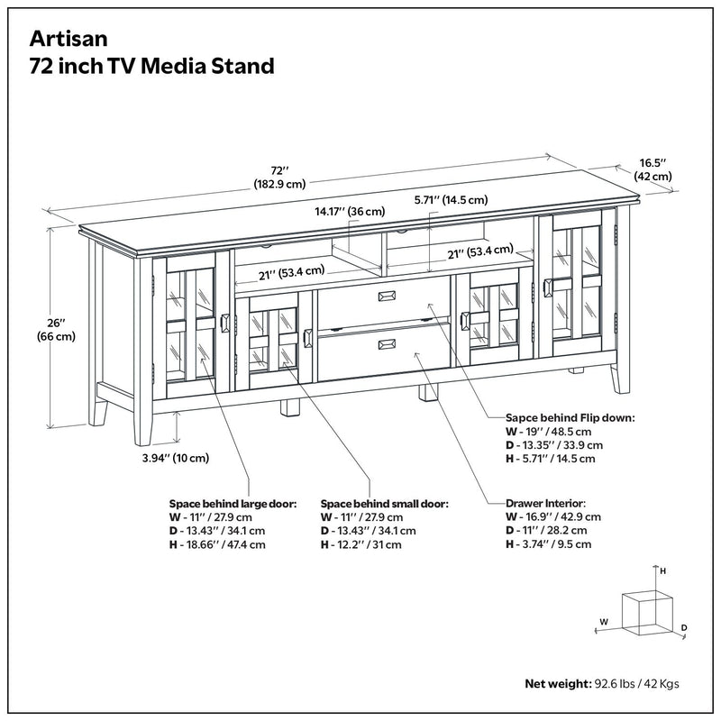 Rustic Russet Brown Artisan TV media stand by Simpli-Home with storage compartments and a sturdy wooden design.