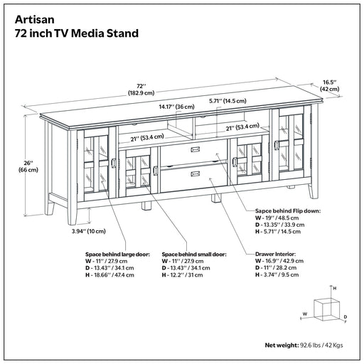 Rustic Russet Brown Artisan TV media stand by Simpli-Home with storage compartments and a sturdy wooden design.