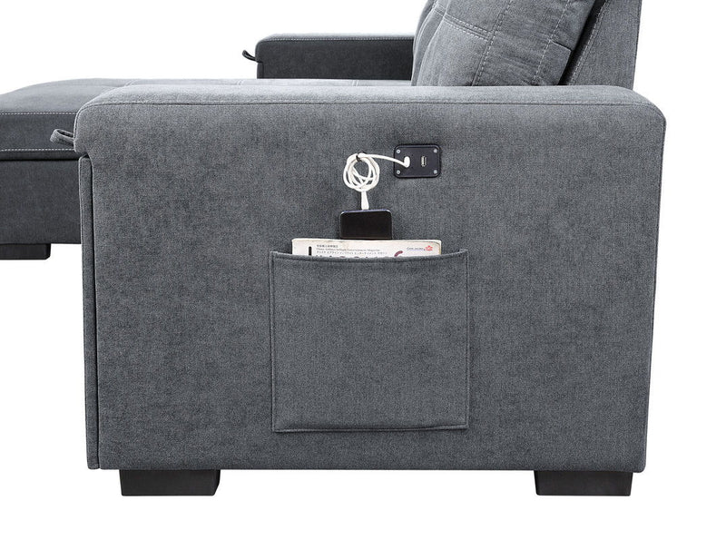 Toby - Woven Fabric Reversible Sleeper Sectional Sofa With Storage Chaise Cup Holder Charging Ports And Pockets - R&R Furniture Gallery (Fountain Valley, CA)