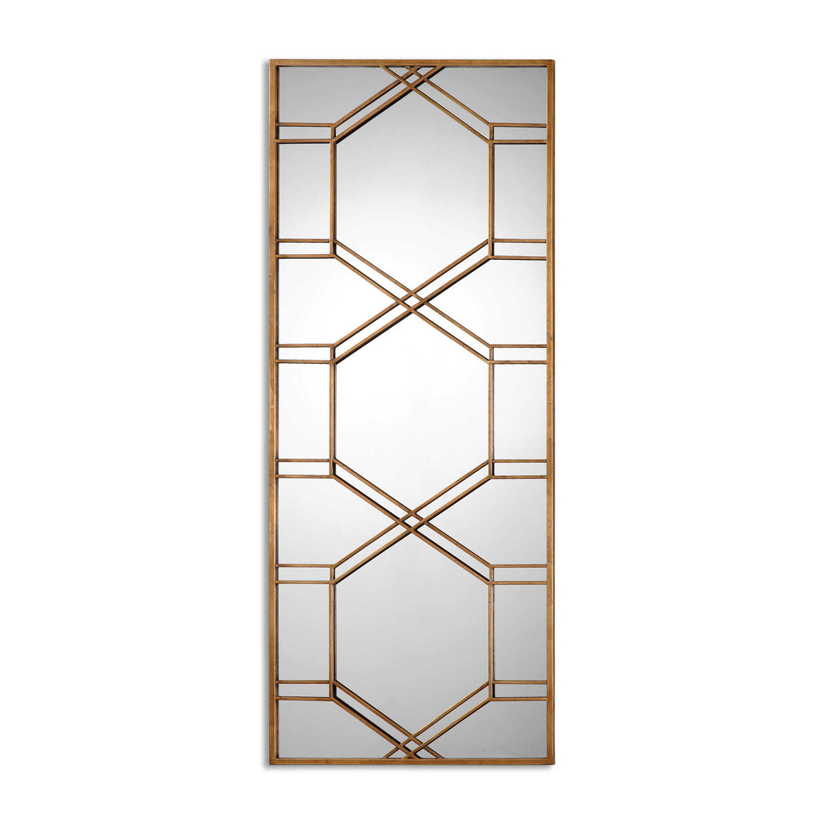 Uttermost Kennis Leaf Leaner Mirror in gold with decorative leaf design on a tall, elegant mirror frame.
