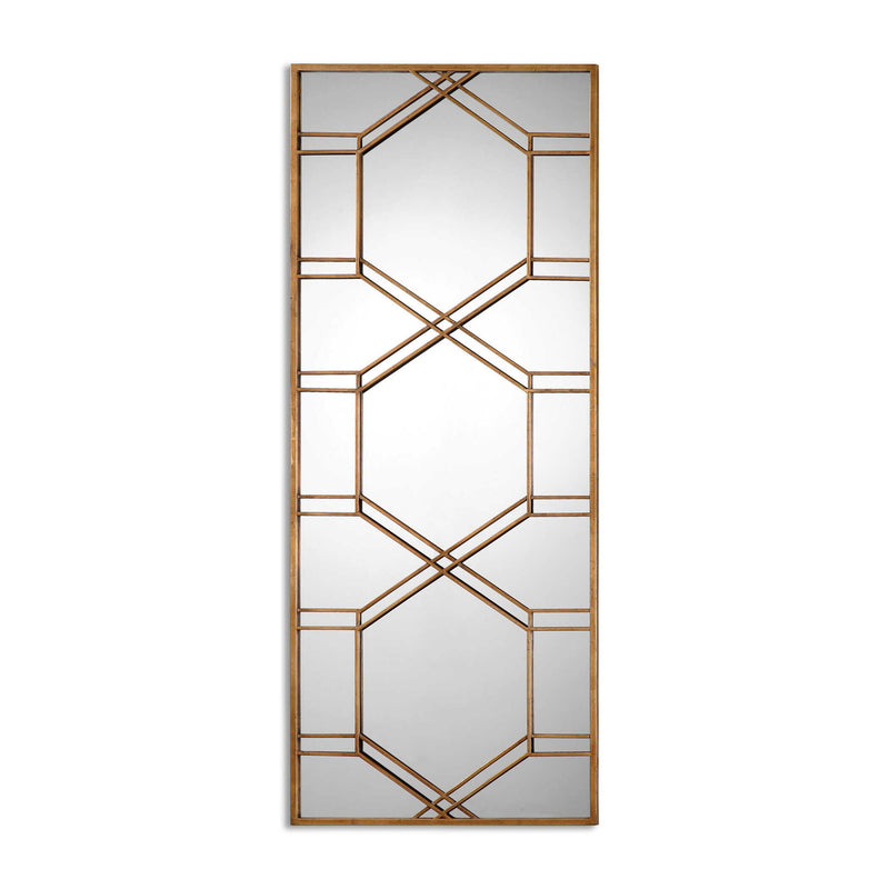 Uttermost Kennis Leaf Leaner Mirror in gold with decorative leaf design on a tall, elegant mirror frame.